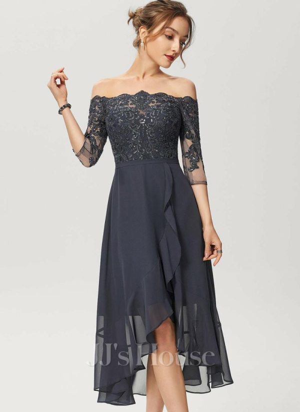 Birthday | A-line Off the Shoulder Asymmetrical Lace Chiffon Cocktail Dress With Sequins As Picture – Womens