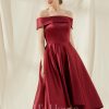 Birthday | A-line Off the Shoulder Asymmetrical Satin Cocktail Dress Burgundy – Womens