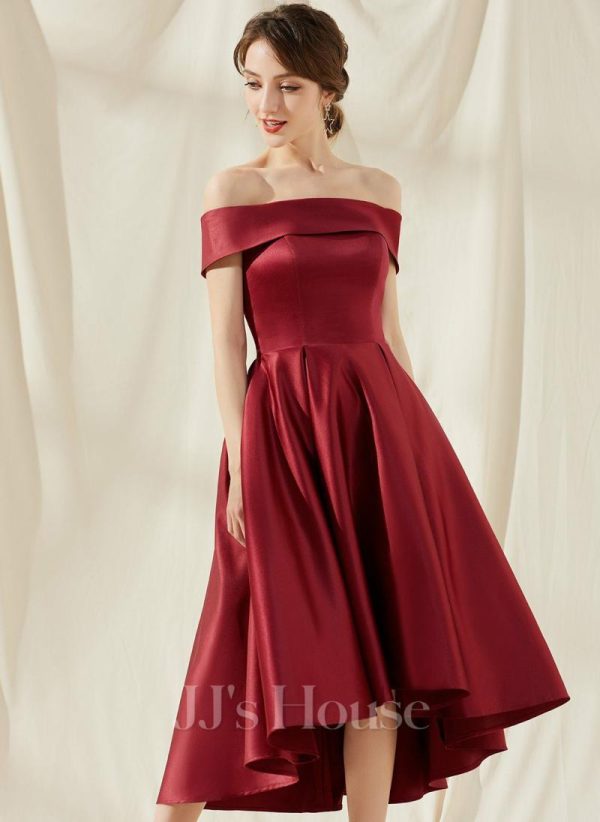 Birthday | A-line Off the Shoulder Asymmetrical Satin Cocktail Dress Burgundy – Womens