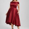 Birthday | A-line Off the Shoulder Asymmetrical Satin Cocktail Dress Burgundy – Womens