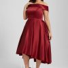 Birthday | A-line Off the Shoulder Asymmetrical Satin Cocktail Dress Burgundy – Womens