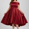 Birthday | A-line Off the Shoulder Asymmetrical Satin Cocktail Dress Burgundy – Womens