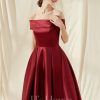 Birthday | A-line Off the Shoulder Asymmetrical Satin Cocktail Dress Burgundy – Womens