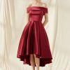 Birthday | A-line Off the Shoulder Asymmetrical Satin Cocktail Dress Burgundy – Womens