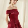 Birthday | A-line Off the Shoulder Asymmetrical Satin Cocktail Dress Burgundy – Womens