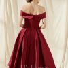 Birthday | A-line Off the Shoulder Asymmetrical Satin Cocktail Dress Burgundy – Womens