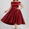 Birthday | A-line Off the Shoulder Asymmetrical Satin Cocktail Dress Burgundy – Womens