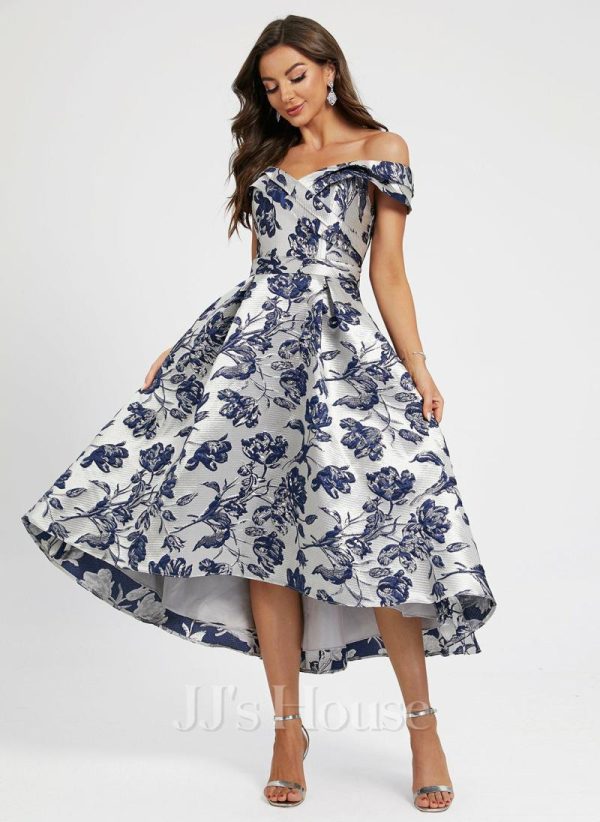 Birthday | A-line Off the Shoulder Asymmetrical Satin Cocktail Dress With Flower As Picture – Womens