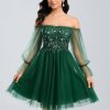 Birthday | A-line Off the Shoulder Short Tulle Homecoming Dress With Sequins Appliques Lace Dark Green – Womens