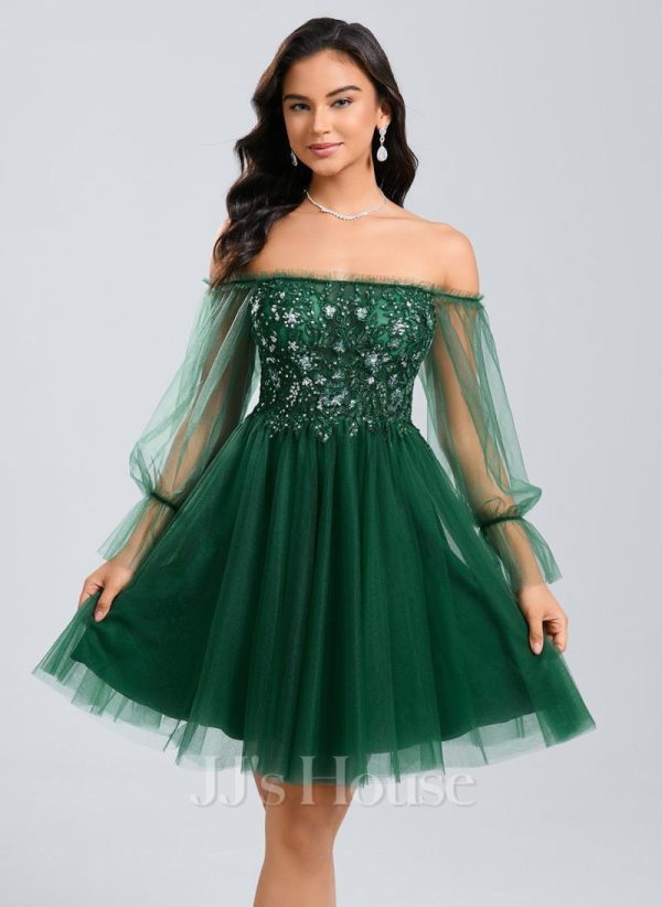 Birthday | A-line Off the Shoulder Short Tulle Homecoming Dress With Sequins Appliques Lace Dark Green – Womens