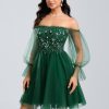 Birthday | A-line Off the Shoulder Short Tulle Homecoming Dress With Sequins Appliques Lace Dark Green – Womens