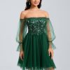 Birthday | A-line Off the Shoulder Short Tulle Homecoming Dress With Sequins Appliques Lace Dark Green – Womens