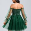 Birthday | A-line Off the Shoulder Short Tulle Homecoming Dress With Sequins Appliques Lace Dark Green – Womens