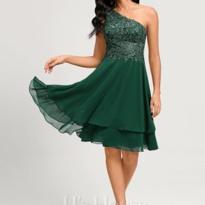 Birthday | A-line One Shoulder Knee-Length Chiffon Lace Cocktail Dress With Sequins Dark Green – Womens