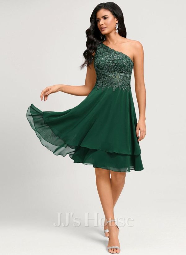 Birthday | A-line One Shoulder Knee-Length Chiffon Lace Cocktail Dress With Sequins Dark Green – Womens