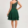 Birthday | A-line One Shoulder Knee-Length Chiffon Lace Cocktail Dress With Sequins Dark Green – Womens