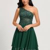 Birthday | A-line One Shoulder Knee-Length Chiffon Lace Cocktail Dress With Sequins Dark Green – Womens