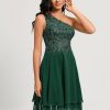 Birthday | A-line One Shoulder Knee-Length Chiffon Lace Cocktail Dress With Sequins Dark Green – Womens