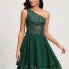 Birthday | A-line One Shoulder Knee-Length Chiffon Lace Cocktail Dress With Sequins Dark Green – Womens