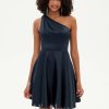 Birthday | A-line One Shoulder Short Satin Homecoming Dress Dark Navy – Womens