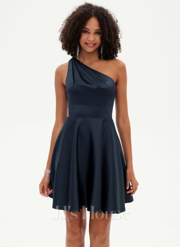 Birthday | A-line One Shoulder Short Satin Homecoming Dress Dark Navy – Womens