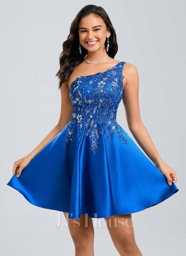 Birthday | A-line One Shoulder Short Satin Homecoming Dress With Appliques Lace Sequins As Picture – Womens