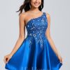 Birthday | A-line One Shoulder Short Satin Homecoming Dress With Appliques Lace Sequins As Picture – Womens