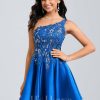 Birthday | A-line One Shoulder Short Satin Homecoming Dress With Appliques Lace Sequins As Picture – Womens