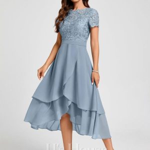 Birthday | A-line Scoop Asymmetrical Lace Chiffon Cocktail Dress Dusty Blue – Womens