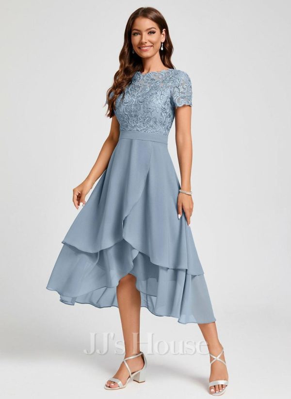 Birthday | A-line Scoop Asymmetrical Lace Chiffon Cocktail Dress Dusty Blue – Womens