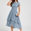 Birthday | A-line Scoop Asymmetrical Lace Chiffon Cocktail Dress Dusty Blue – Womens