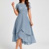 Birthday | A-line Scoop Asymmetrical Lace Chiffon Cocktail Dress Dusty Blue – Womens