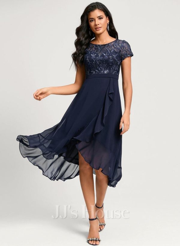 Birthday | A-line Scoop Asymmetrical Lace Chiffon Cocktail Dress With Cascading Ruffles As Picture – Womens