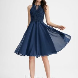 Birthday | A-line Scoop Knee-Length Chiffon Lace Cocktail Dress With Beading Navy Blue – Womens