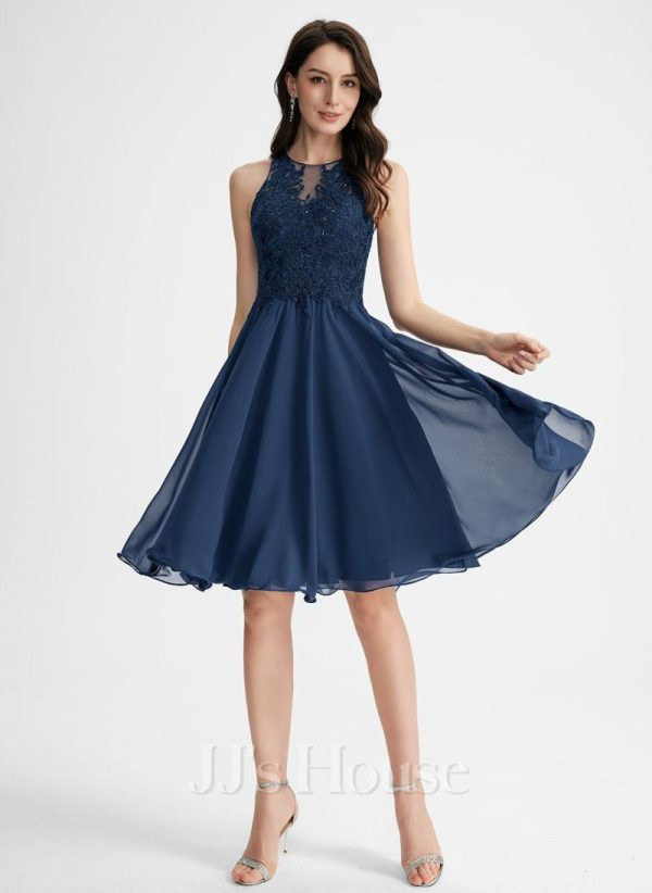 Birthday | A-line Scoop Knee-Length Chiffon Lace Cocktail Dress With Beading Navy Blue – Womens