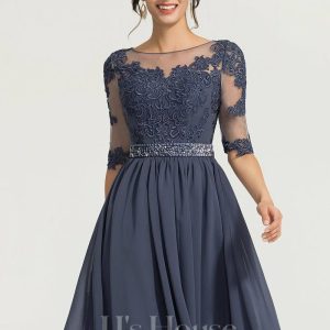 Birthday | A-line Scoop Knee-Length Chiffon Lace Cocktail Dress With Beading Stormy – Womens