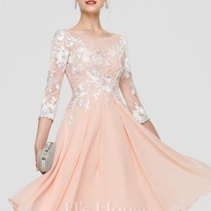 Birthday | A-line Scoop Knee-Length Lace Chiffon Cocktail Dress Pearl Pink – Womens