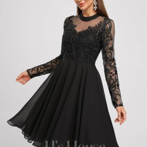 Birthday | A-line Scoop Knee-Length Lace Chiffon Cocktail Dress With Sequins Black – Womens