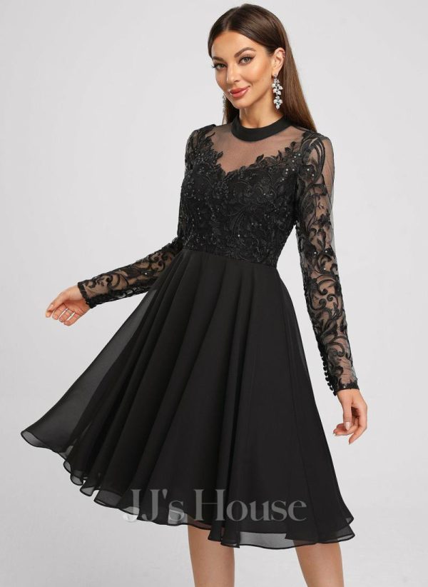 Birthday | A-line Scoop Knee-Length Lace Chiffon Cocktail Dress With Sequins Black – Womens