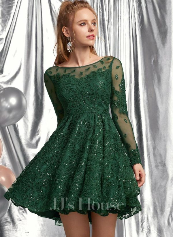 Birthday | A-line Scoop Short Lace Homecoming Dress With Sequins Hunter Green – Womens