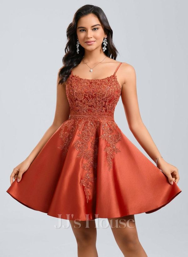 Birthday | A-line Scoop Short Satin Lace Homecoming Dress With Sequins Vermilion – Womens