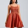 Birthday | A-line Scoop Short Satin Lace Homecoming Dress With Sequins Vermilion – Womens