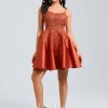 Birthday | A-line Scoop Short Satin Lace Homecoming Dress With Sequins Vermilion – Womens