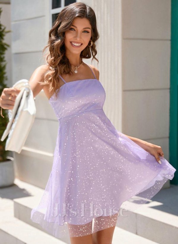 Birthday | A-line Square Short Tulle Homecoming Dress With Sequins Purple – Womens