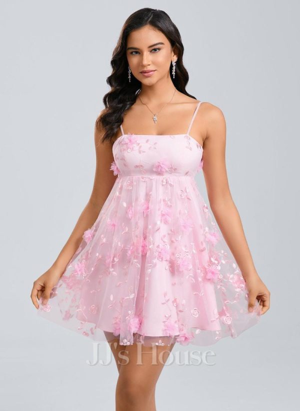 Birthday | A-line Straight Mini Lace Homecoming Dress With Bow Flower As Picture – Womens