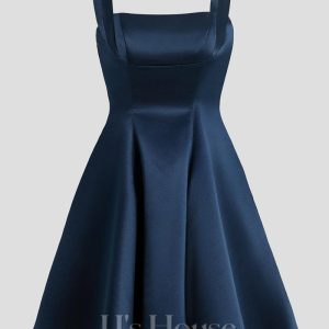 Birthday | A-line Straight Short Satin Homecoming Dress With Bow Dark Navy – Womens