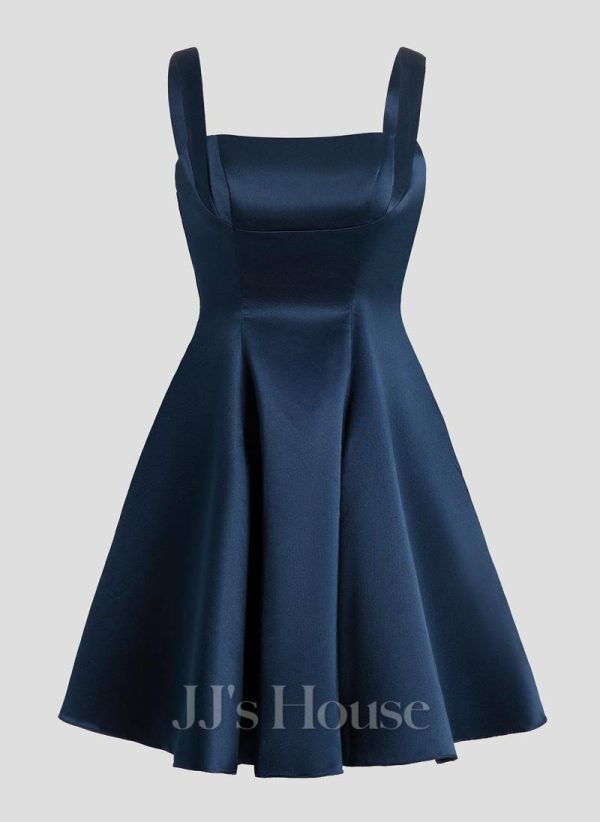 Birthday | A-line Straight Short Satin Homecoming Dress With Bow Dark Navy – Womens