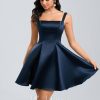 Birthday | A-line Straight Short Satin Homecoming Dress With Bow Dark Navy – Womens