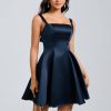 Birthday | A-line Straight Short Satin Homecoming Dress With Bow Dark Navy – Womens