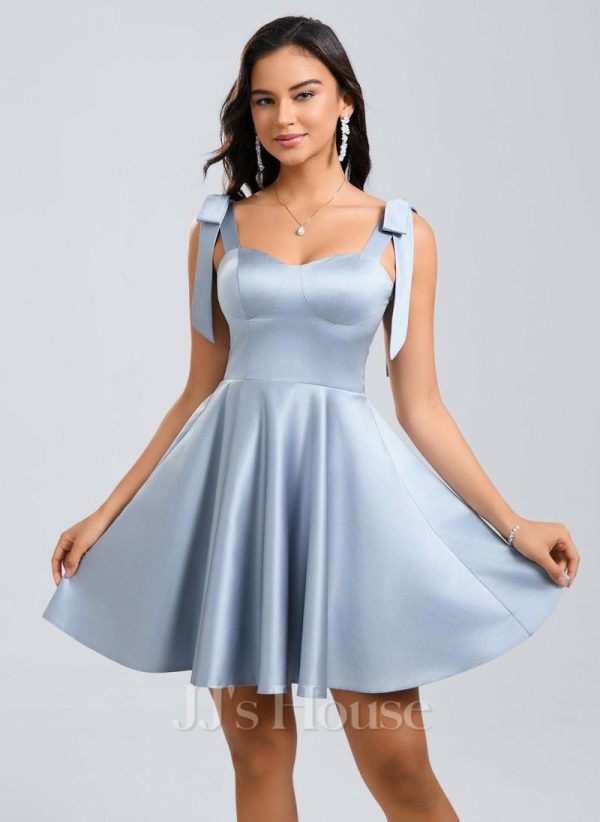 Birthday | A-line Sweetheart Short Satin Homecoming Dress With Bow Ice Blue – Womens